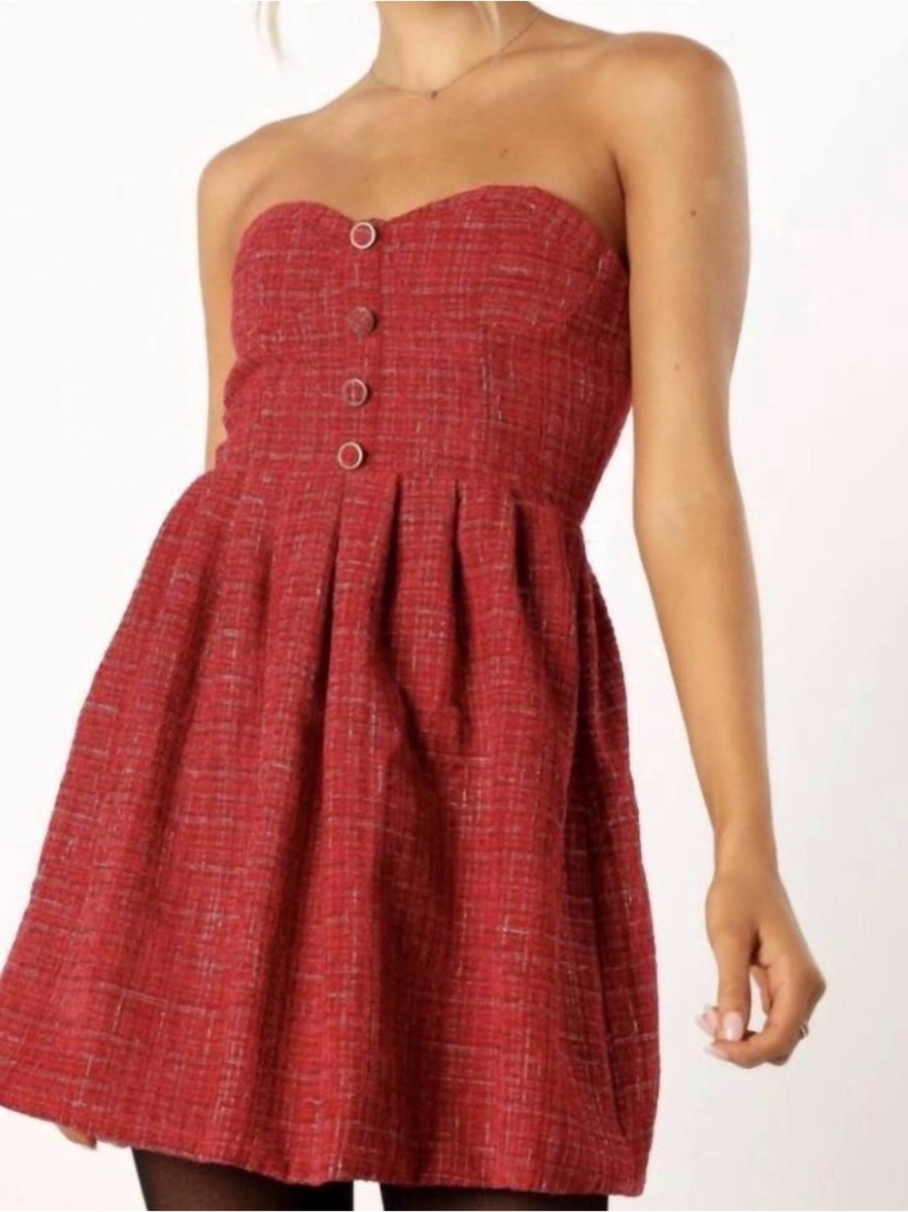 Storia Strapless Tweed Dress in Vibrant Red